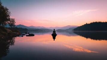 The serene figure meditating on a tranquil lake at sunset. photo