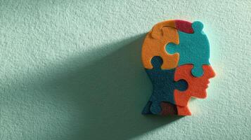 The colorful puzzle pieces forming a human head silhouette on the background. photo