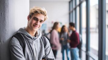 The smiling student in a lively academic environment interacting with friends. photo