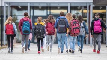 The group of students walking together with backpacks on a school campus. photo