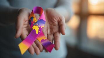 The vibrant world ribbon held in supportive hands symbolizing awareness and unity photo