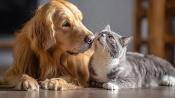 The golden retriever and cat share a tender moment of affection. photo