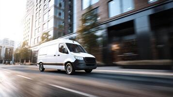 The white delivery van speeding through a modern urban environment. photo