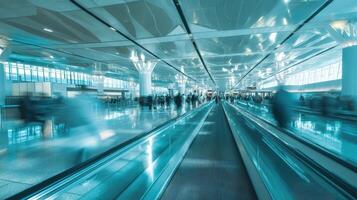 The serene airport walkway filled with rushing passengers in motion. photo