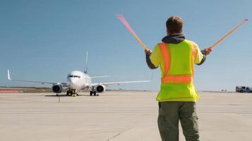 The air traffic controller signaling an aircraft during takeoff at the airport. photo