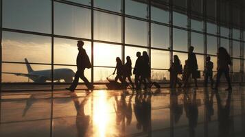 The silhouettes of travelers walking through an airport terminal at sunset. photo