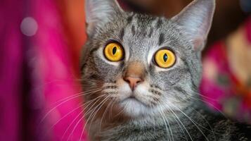 The charming cat with striking yellow eyes and an adorable expression. photo