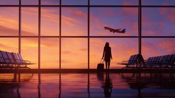 The silhouette of a traveler in an airport during a vibrant sunset. photo