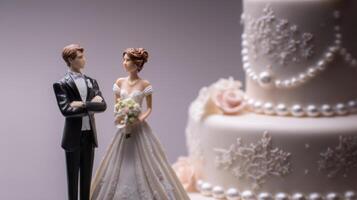 The wedding figurines beside a beautifully decorated cake on a festive table. photo