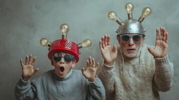 The playful duo with quirky lightbulb hats expressing surprise and creativity. photo