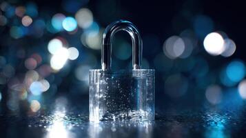 The transparent padlock standing amidst shimmering blue bokeh lights. photo