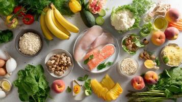 Various foods including fish, chicken, eggs, vegetables and fruit photo