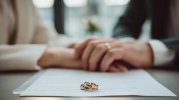 The Couple Celebrating Their Commitment with Wedding Rings and a Signed Agreement photo