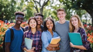 The diverse group of students celebrating friendship in a beautiful garden setting. photo