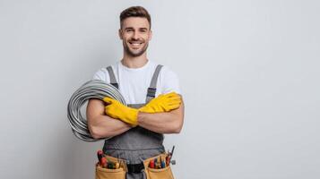 The smiling handyman with tools ready for service and repairs photo