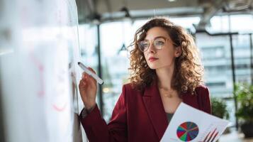 The professional woman analyzing data and presenting ideas in a modern office. photo