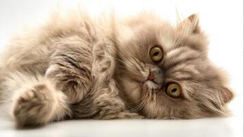 The fluffy Persian cat lounging gracefully with captivating eyes. photo