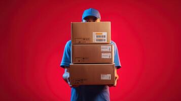 The delivery person holding three packages against a vibrant red background. photo