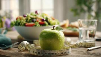 The vibrant green apple surrounded by fresh ingredients for healthy living. photo