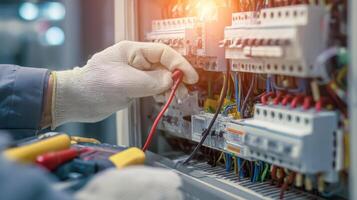 The technician working on electrical components in an industrial setting. photo
