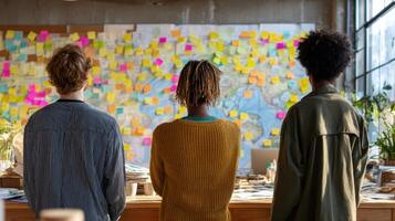 The teamwork process in a creative collaborative workspace with colorful notes. photo