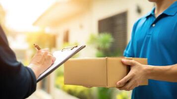 The delivery person hands over a package while receiving a signature from a client. photo