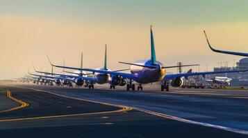 The planes lined up on the runway ready for takeoff at sunset. photo