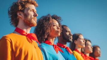The group of diverse individuals dressed as heroes showcasing unity and strength. photo
