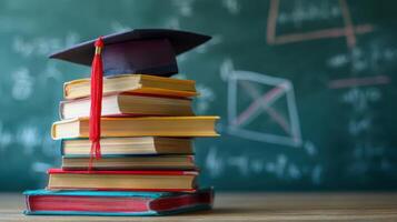 The graduation cap resting on top of a colorful stack of books photo