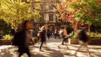 The vibrant campus scene showcasing students walking through an autumn landscape. photo