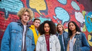 The fashionable group of diverse teenagers posing against a colorful graffiti wall. photo