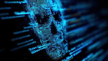 The digital skull emerging from an abstract technology background. photo