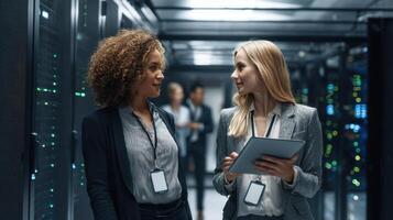 The women collaborate on technology solutions in a modern data center environment. photo