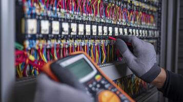 The technician measures electrical components using a multimeter in a control panel. photo
