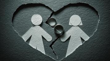 The Heartbreak of Love Illustrated through Torn Paper and Wedding Rings photo