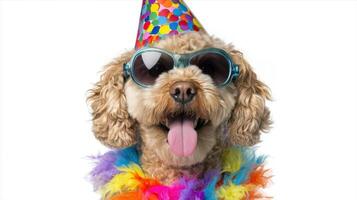 The cheerful dog in sunglasses and a colorful party hat celebrating joyfully. photo