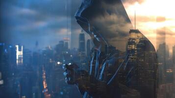 The hooded figure engaging with a smartphone against a vibrant city backdrop. photo