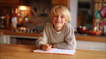 The smiling boy writing in a cozy kitchen setting with a notebook. photo