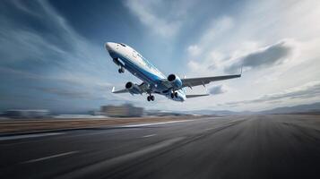 The airplane taking off into the clear blue sky with dynamic motion effects. photo