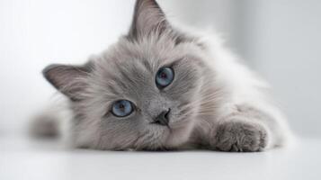 The adorable fluffy cat resting peacefully on the table. photo