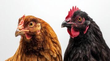 The Brown and Black Chickens in a Close-Up Portrait on a Clean Background. photo