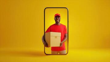 The deliveryman holding a box while emerging from a smartphone screen photo