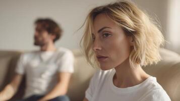 The woman showcasing emotion in a candid moment with her partner on a sofa. photo