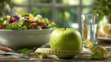 The vibrant green apple surrounded by a healthy salad and water. photo