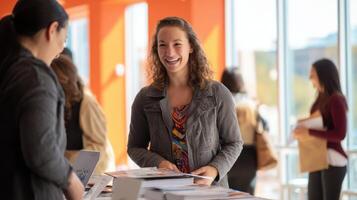 The smiling woman enjoying a vibrant conference and engaging with others. photo