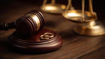 The gavel and wedding rings representing legal marriage and commitment. photo