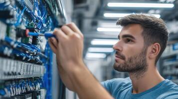The technician working on wiring in a modern electronic control system. photo