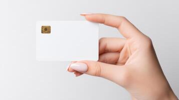 The Elegant Hand Holding a Blank White Card with Gold Detail photo