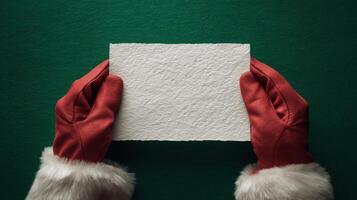 The festive hands of Santa holding a blank card for Christmas messages. photo