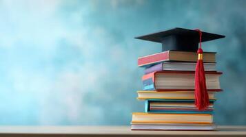 The graduation cap rests on a colorful stack of books symbolizing achievement. photo